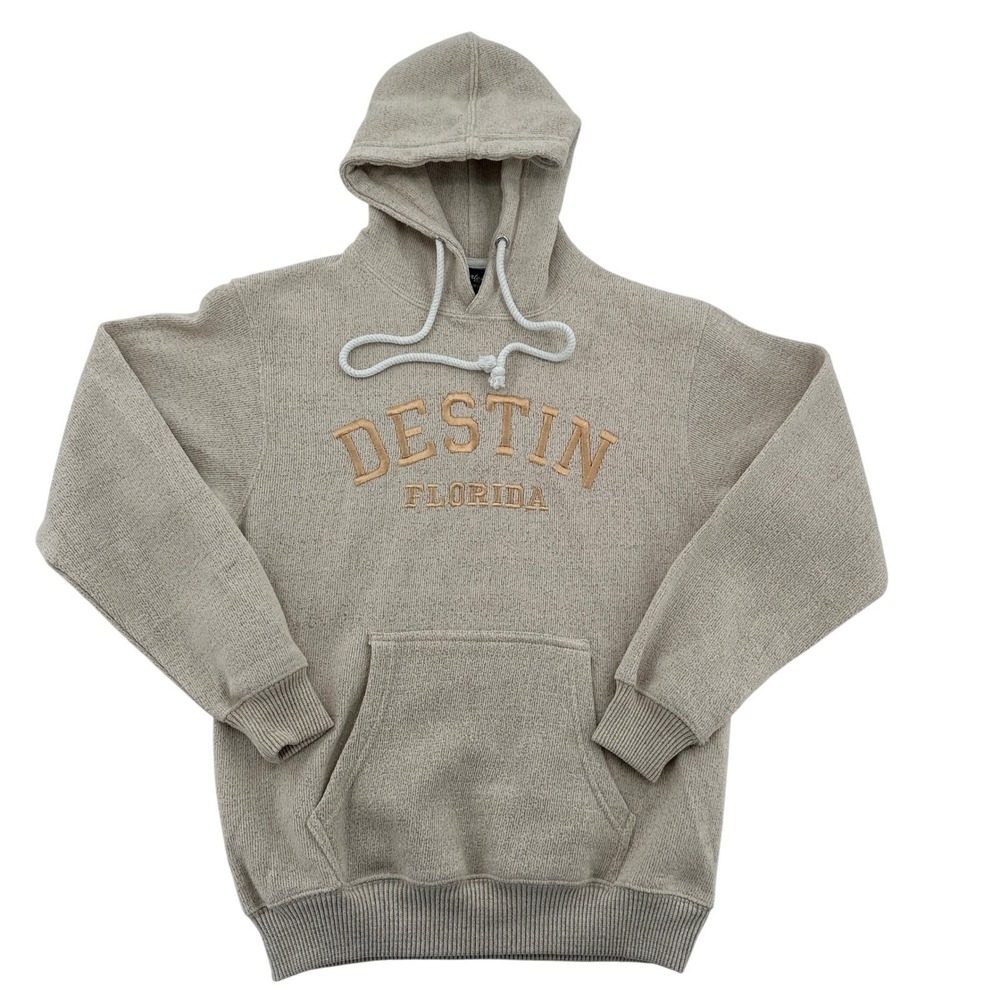 Destin Florida Hoodie Mens Medium Beige Embroidered Pullover Sweatshirt Comfy